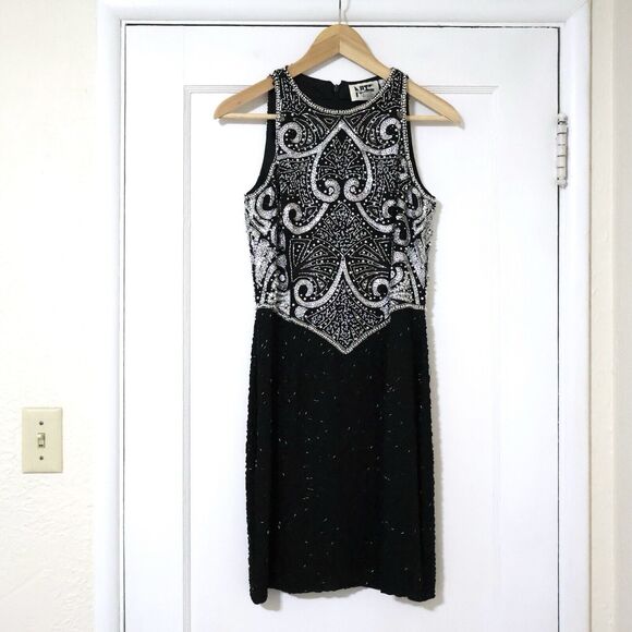 Vintage Niteline Beaded Sequin Black Silver Silk Mini Dress Size 2/4 Holiday NYE - Picture 1 of 7